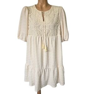Dokotoo Women's Cream Lace‎ Tassel Tie Round Neck Short Sleeve Tiered Mini Dress